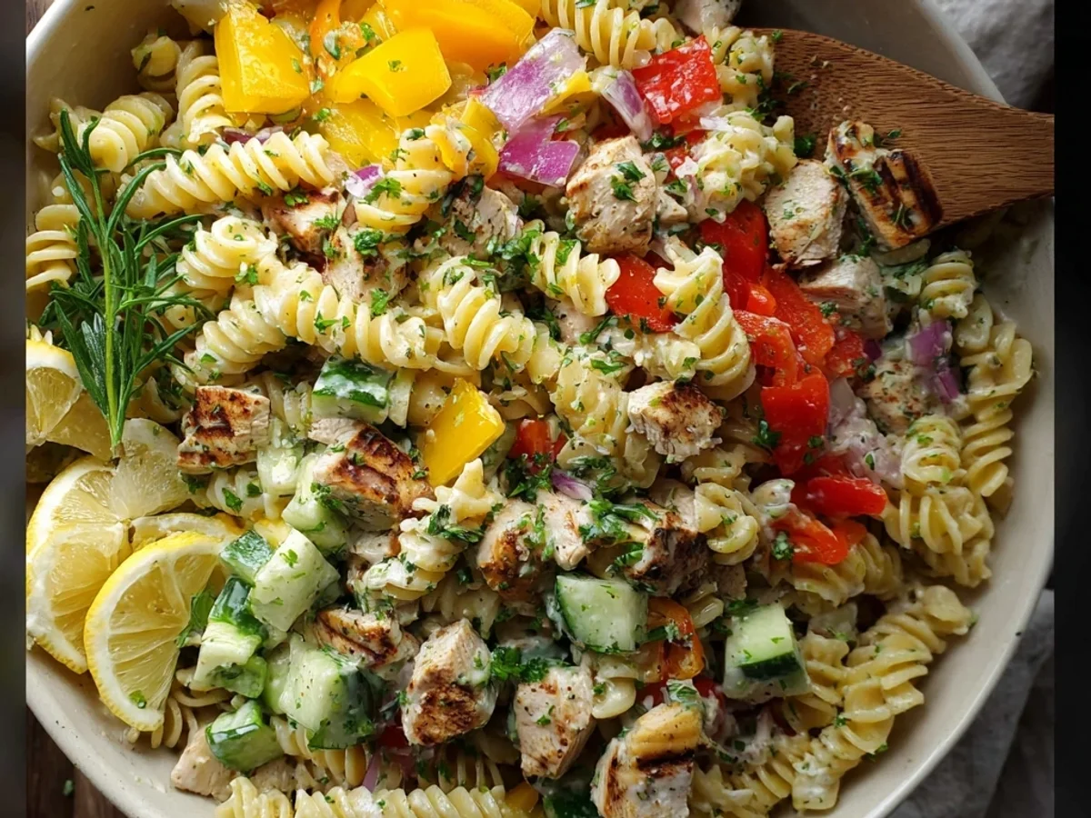 Chicken Pasta Salad: Lemon Herb Dressing Tangy Recipe - Image 1