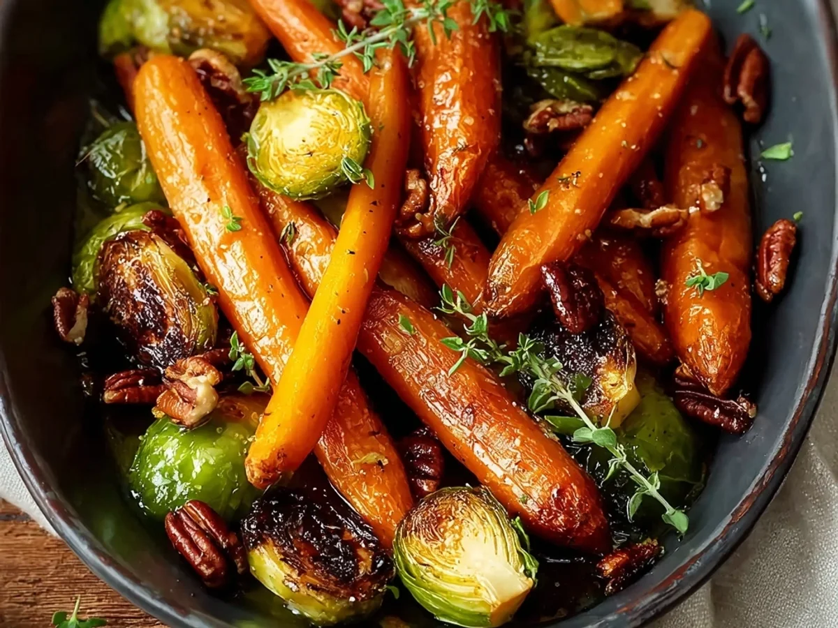 Crispy Maple Glazed Carrots and Brussel Sprouts with Thyme - Image 1