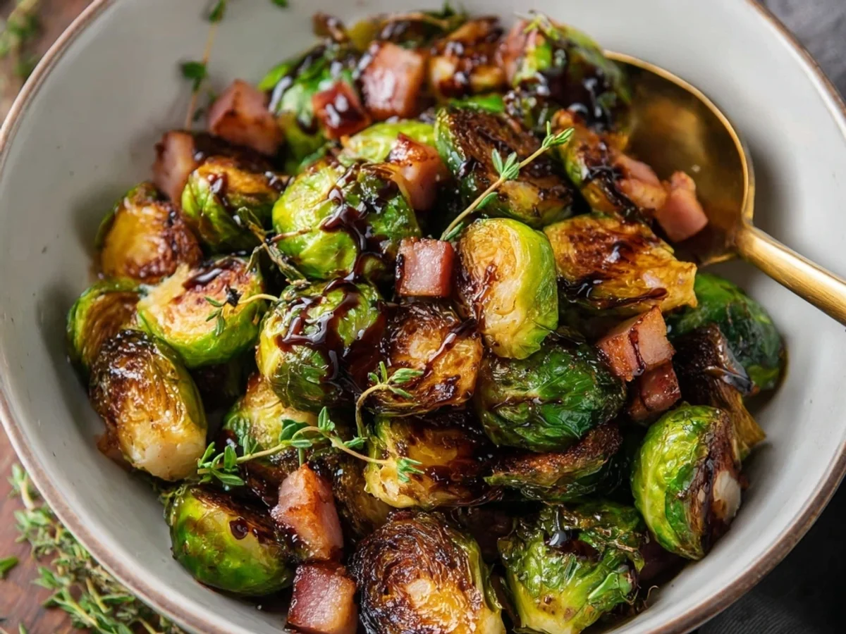 Crispy Roasted Brussels & Turkey Ham with Balsamic Glaze - Image 1