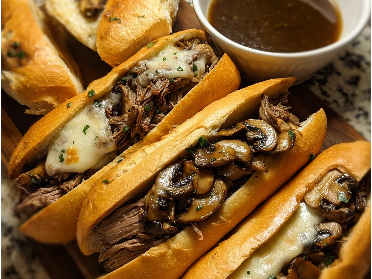 Slow Cooker French Dip Sandwiches with Garlic Mushrooms - Image 1