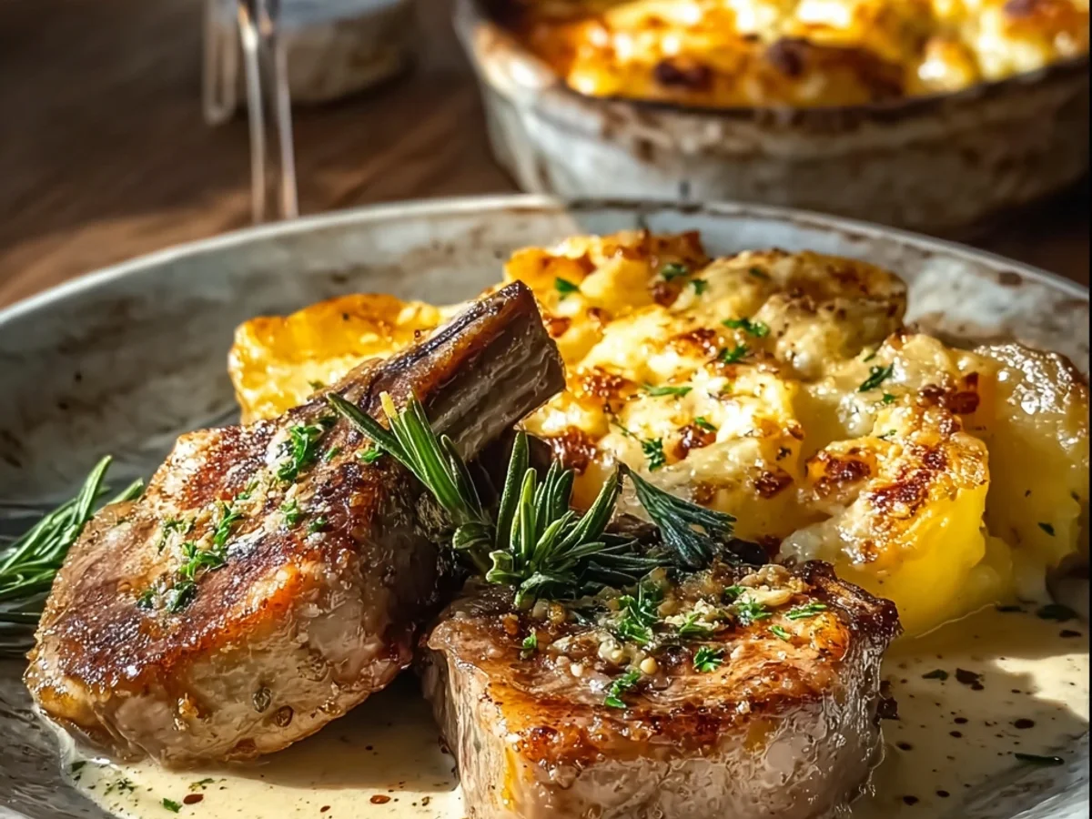 Tender Garlic Butter Lamb Chops & Cheesy Potato Bake - Image 1
