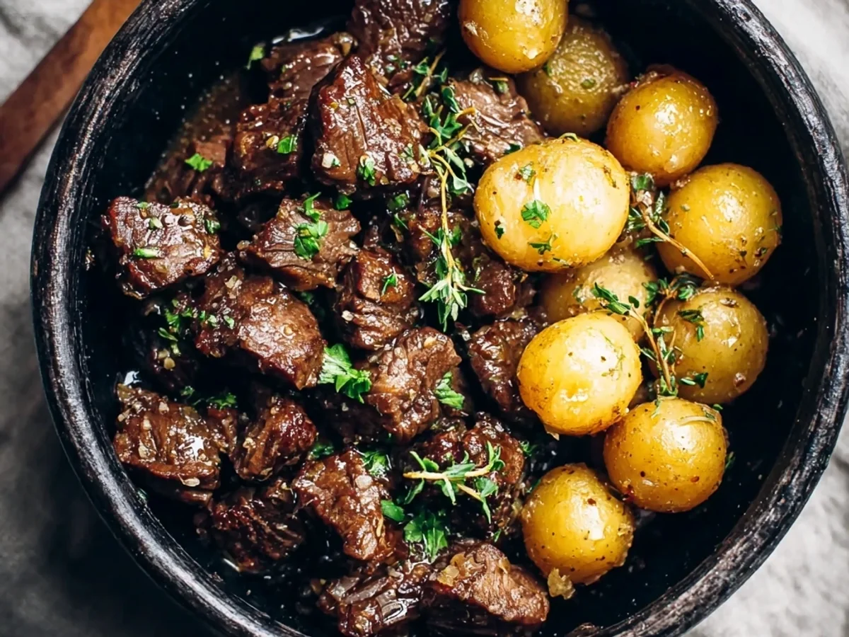 Tender Slow Cooker Garlic Butter Beef Bites & Potatoes - Image 1