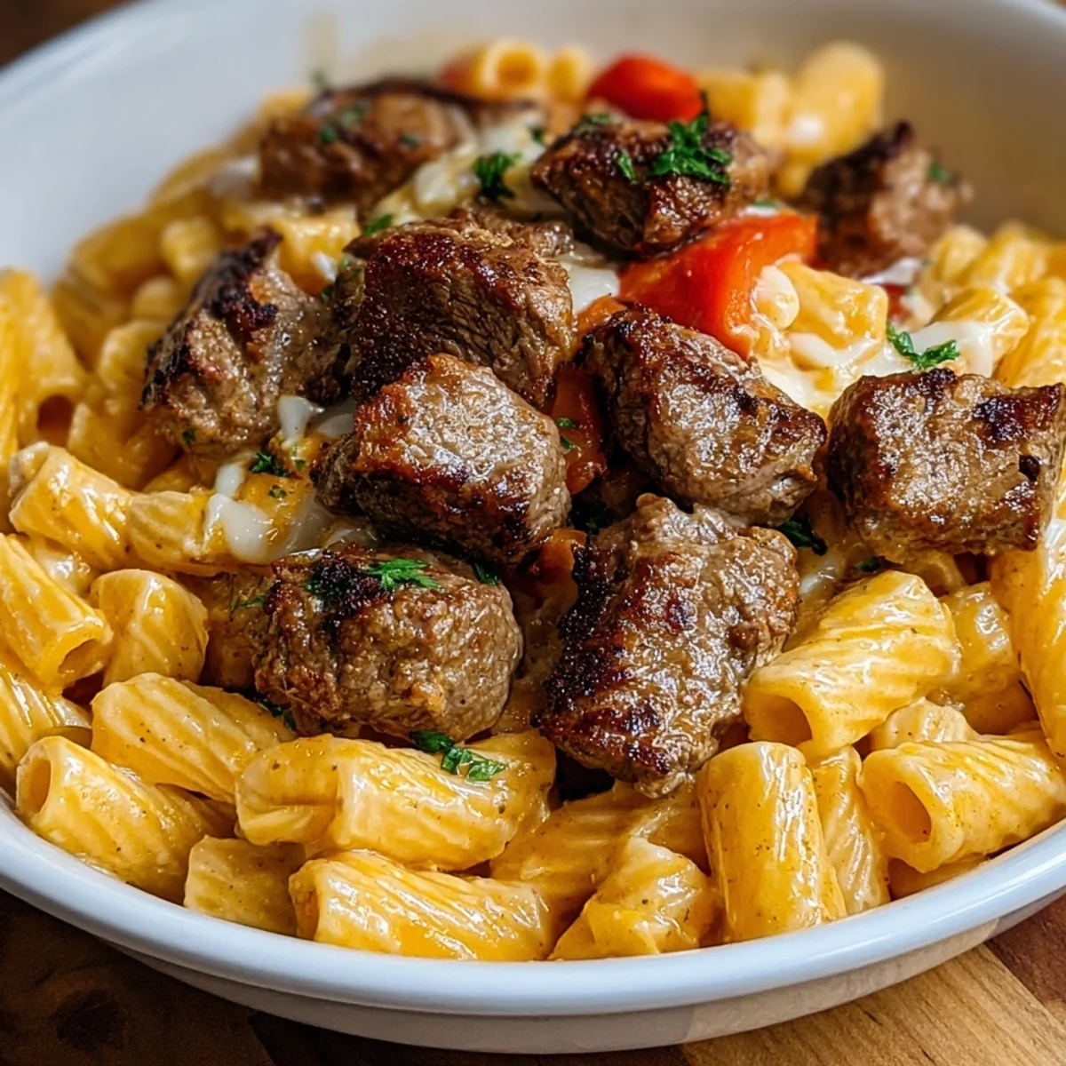 Cajun Steak Tips with Cheesy Rigatoni Sauce