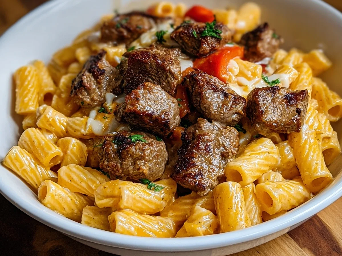 Cajun Steak Tips with Cheesy Rigatoni Sauce - Featured Image