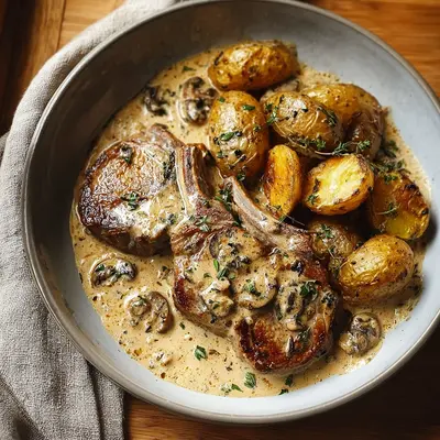 Creamy Garlic Lamb Chops with Roasted Potatoes