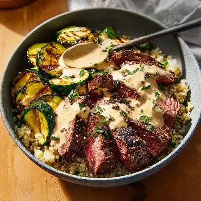 Creamy Grilled Steak Bowl with Zucchini & Herbs