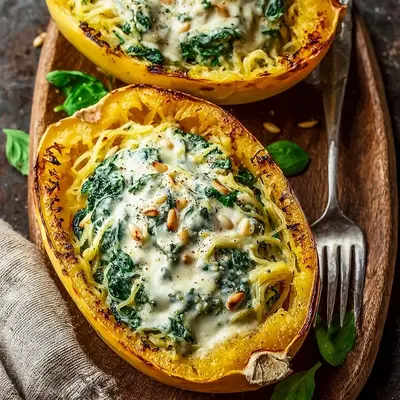 Creamy Parmesan Spinach Stuffed Spaghetti Squash