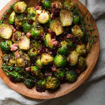 Crispy Brussels Sprouts and Turkey Ham Skillet