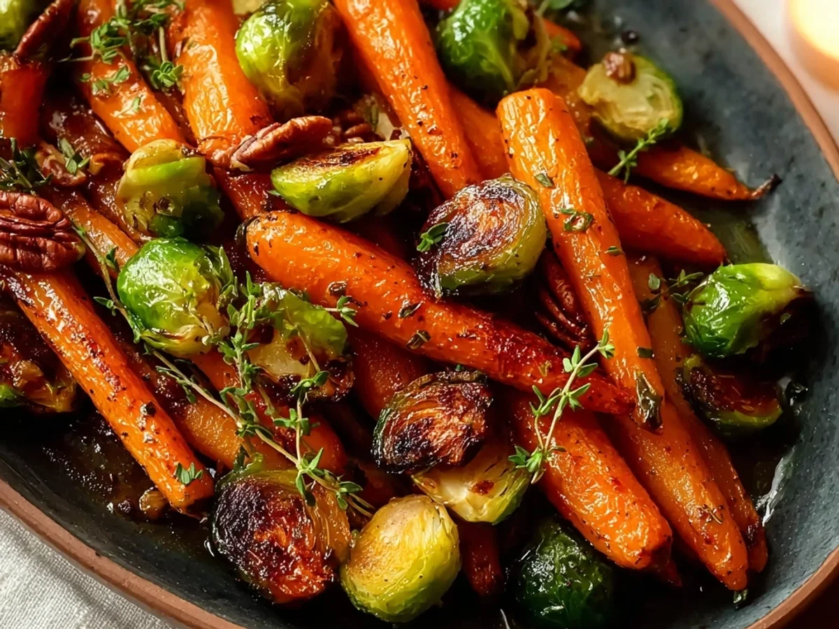 Crispy Maple Glazed Carrots and Brussel Sprouts with Thyme - Featured Image