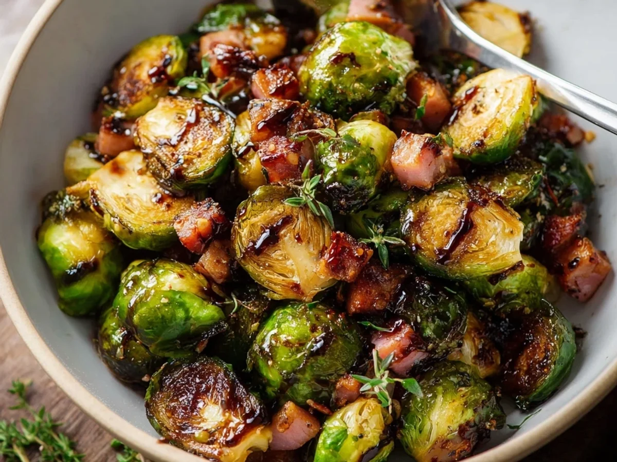 Crispy Roasted Brussels & Turkey Ham with Balsamic Glaze - Featured Image