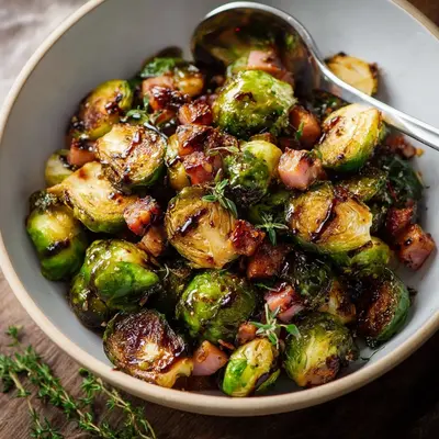 Crispy Roasted Brussels & Turkey Ham with Balsamic Glaze