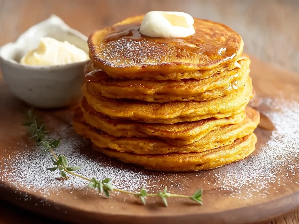 Fluffy Pumpkin Pancakes with Cinnamon Butter Recipe - Featured Image
