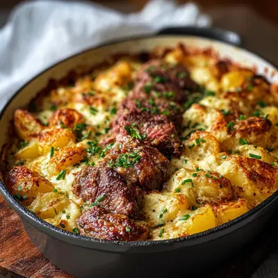 Garlic Butter Steak Cheddar Potato Bake: A Homestyle Meal