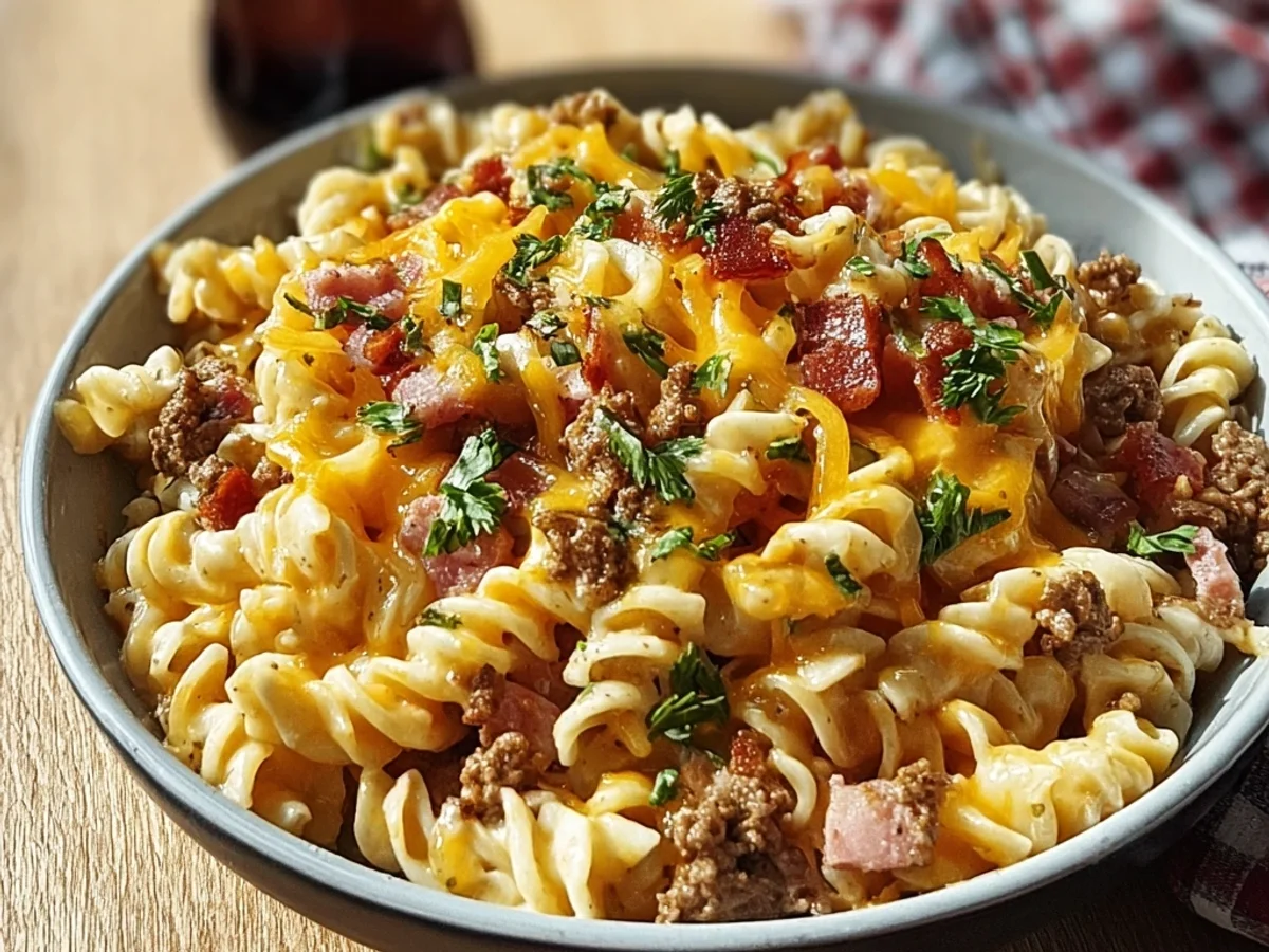 Hearty Turkey Ham Cheeseburger Pasta Skillet - Featured Image