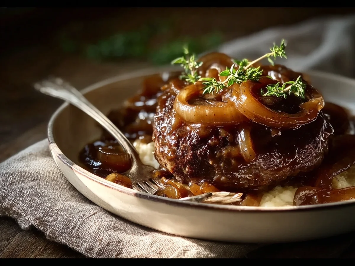 Homestyle Hamburger Steak with Onions and Gravy - Featured Image