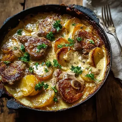 Smothered Lamb Chop Casserole with Creamy Scalloped Potatoes