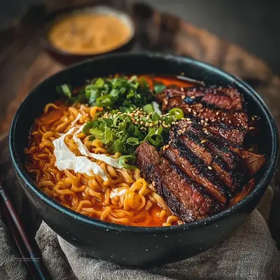 Spicy Korean Ramen with Grilled Beef & Creamy Sauce